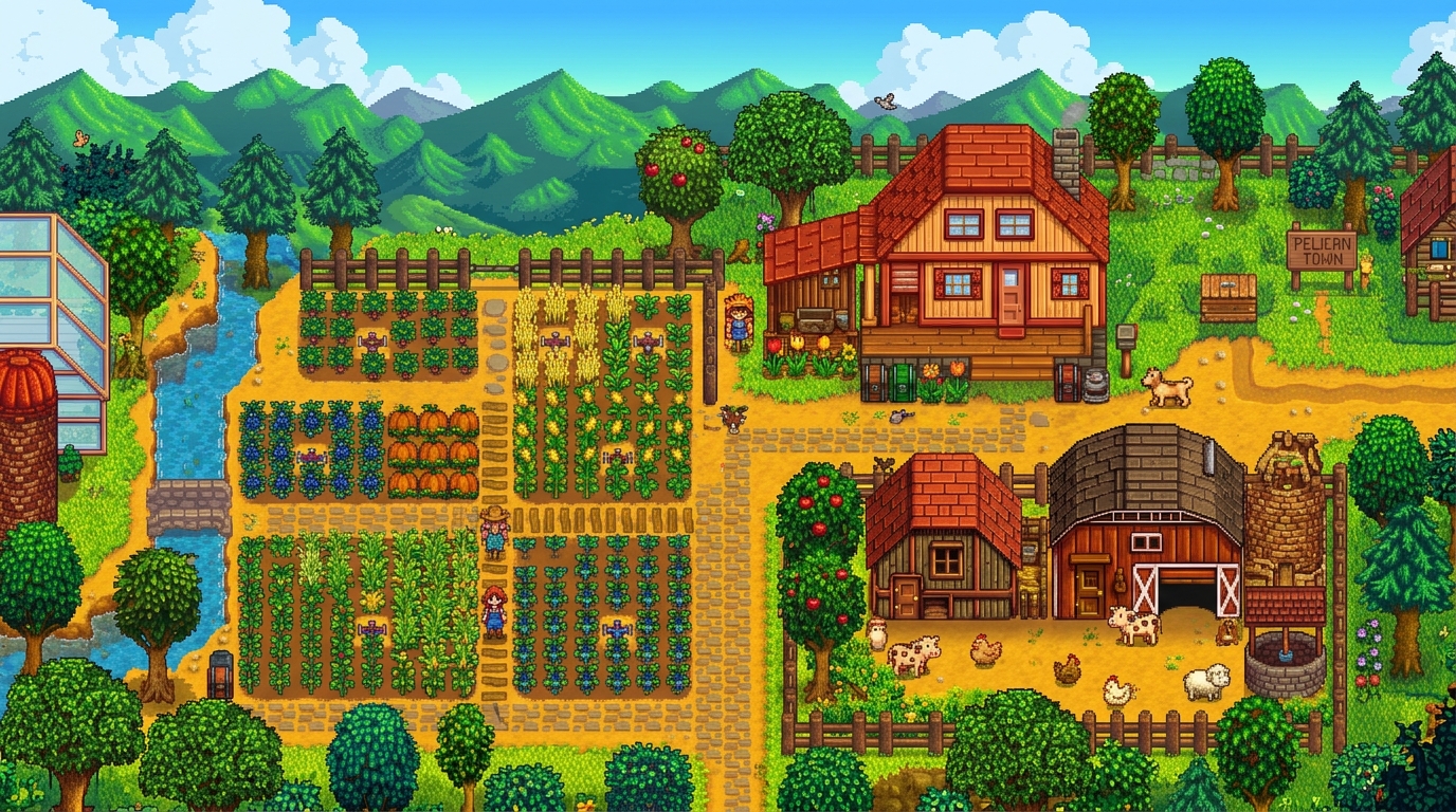 ทิวทัศน์ฟาร์มไม้แสนอบอุ่นในหุบเขา Stardew Valley
